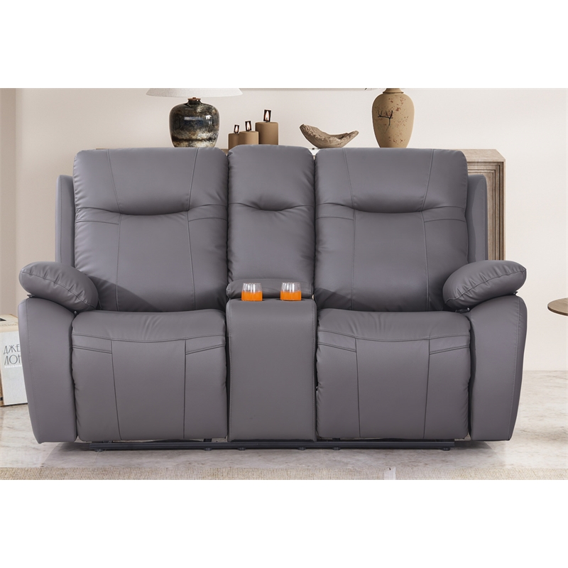 Alexent Manual Faux Leather Recliner Loveseat Sofa with Drink Holder in Gray