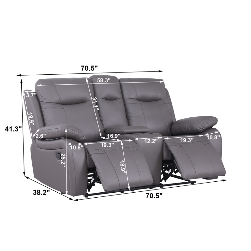 Alexent Manual Faux Leather Recliner Loveseat Sofa with Drink Holder in Gray