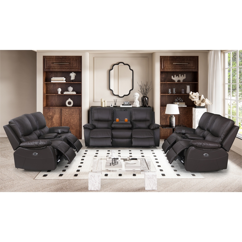 Alexent Recliner Leather Sofa 3 Pieces Electric Power Reclining Sofa Set Brown