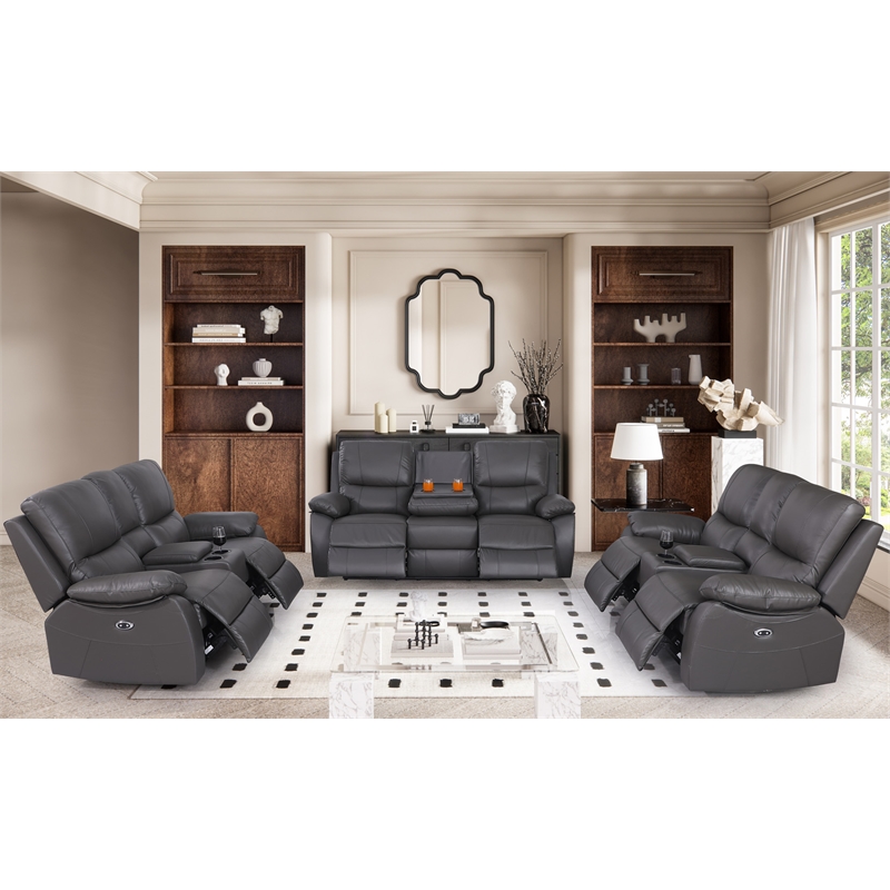Alexent Recliner Leather Sofa 3 Pieces Power Reclining Home Theater Seating Gray