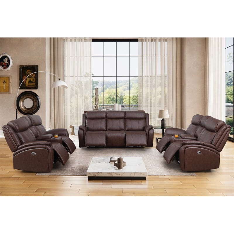 Alexent Leather Recliner Sofa 3 Pieces Power Recliner Home Theater Seating Brown