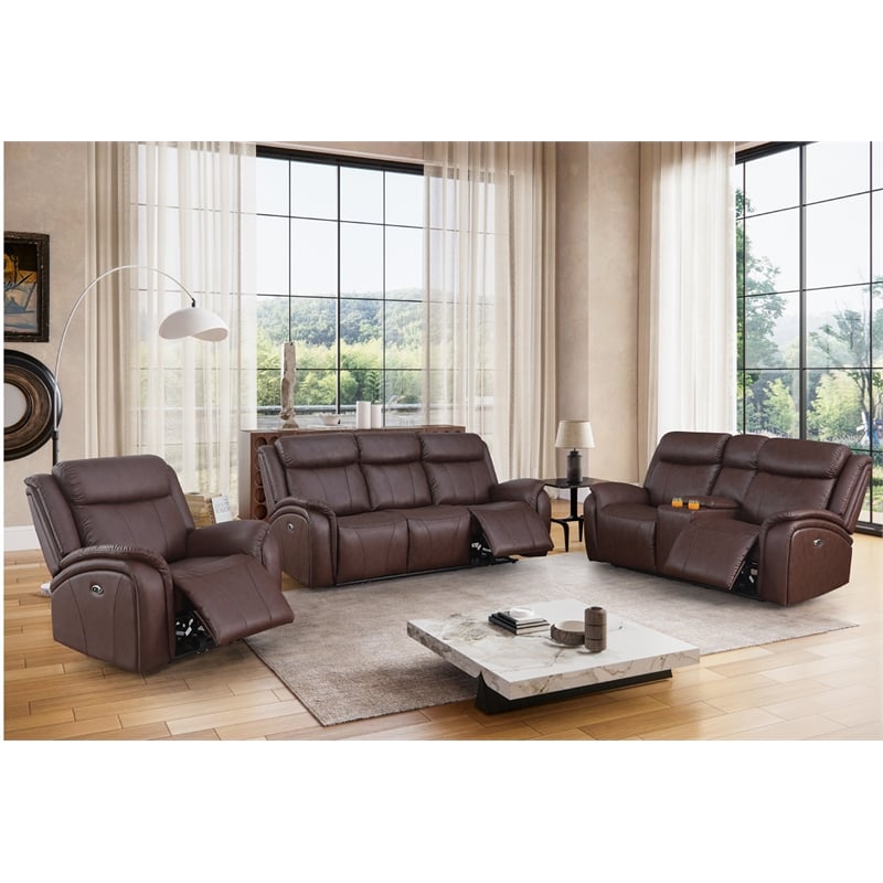 Alexent Leather Recliner Sofa 3 Pieces Power Recliner Home Theater Seating Brown