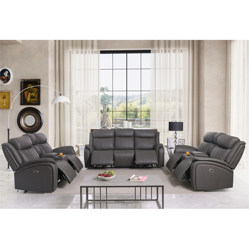 Alexent Leather Recliner Sofa 3 Pieces Power Recliner Home Theater Seating Gray