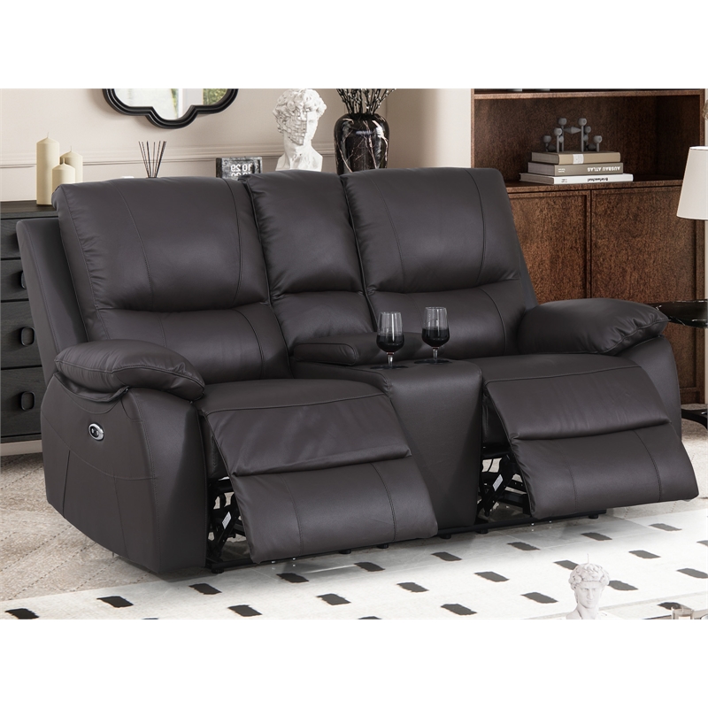 Leather Power Loveseat Recliner Sofa Cup Holders & Storage Reclining Sofa Brown