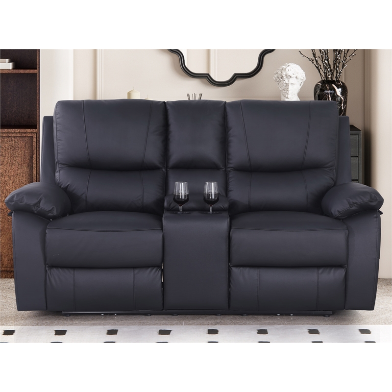 Alexent Recliner Leather Sofa with Cup Holders & Storage Loveseat Recliner Black
