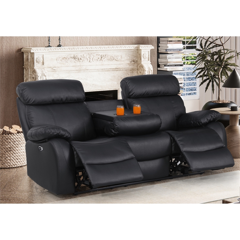 Alexent Power Recliner Sofa Black Leather 3 Seater Theater Couch w Cupholder