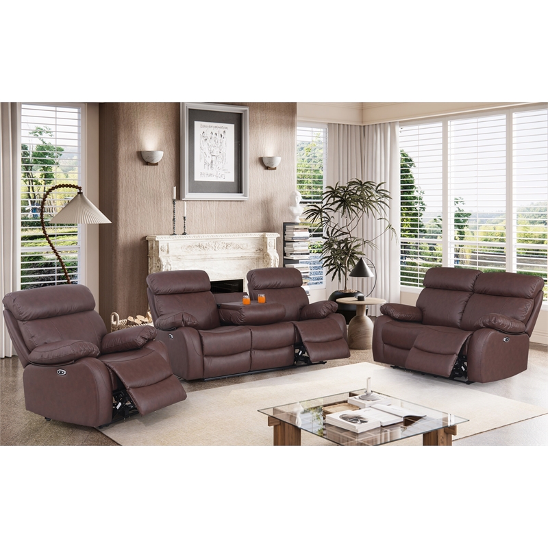 Alexent Power Recliner Sofa Set Leather Couch with Cuppholder & USP Ports Brown