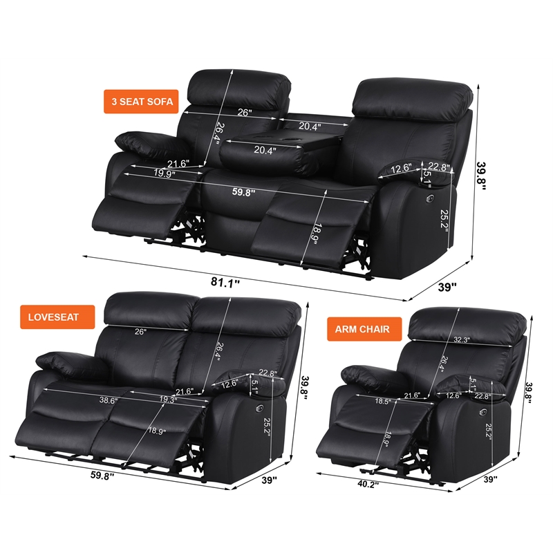 Alexent Power Recliner Sofa Set Leather Couch with Cuppholder & USP Ports Gray