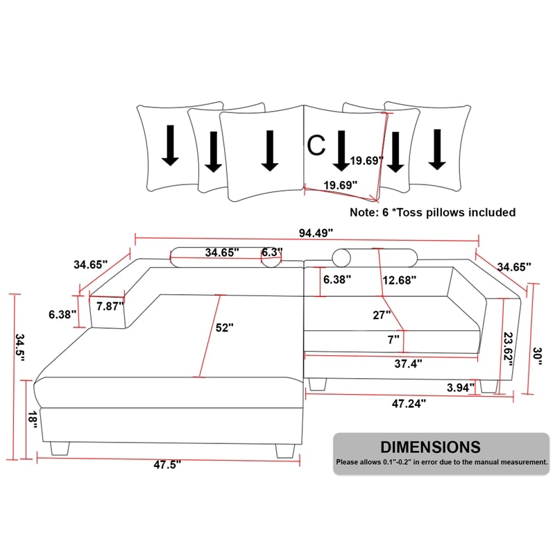 Alexent Fabric Sectional Sofa Deep Seat Left Facing Sleeper Chaise Gray