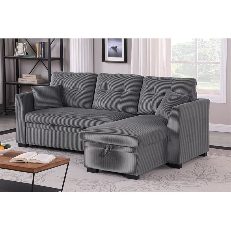 Joseph Fabric Upholstered Corduroy Sleeper Sofa With Storage Chaise Dark Gray