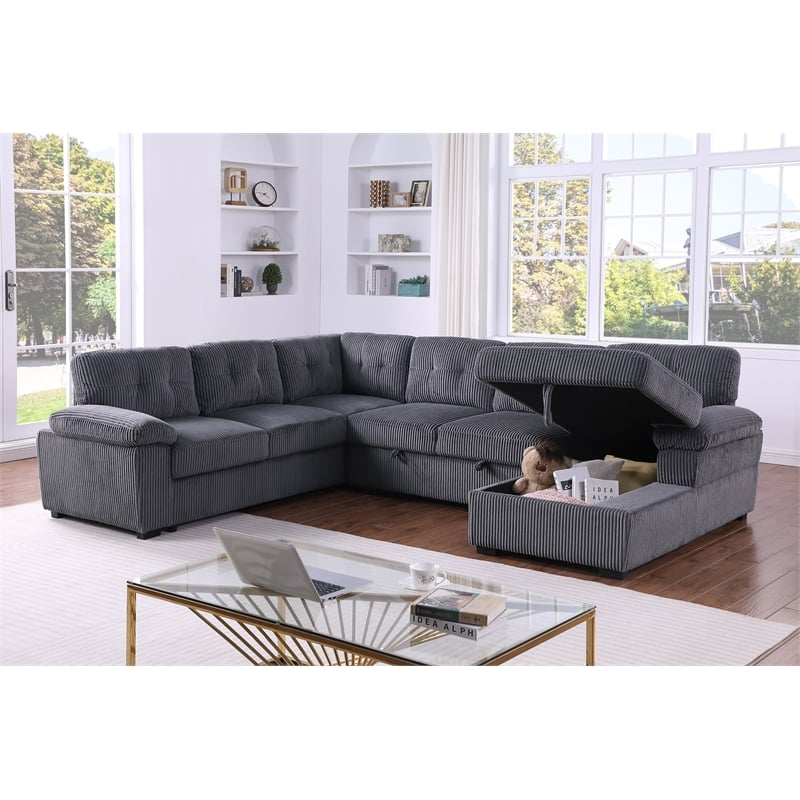 Shin Polyester Corduroy Sleeper Sofa Bed With Storage Chaise Dark Gray