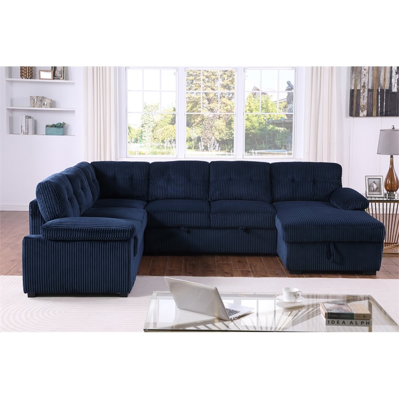 Shin Polyester Corduroy Sleeper Sofa Bed With Storage Chaise Blue