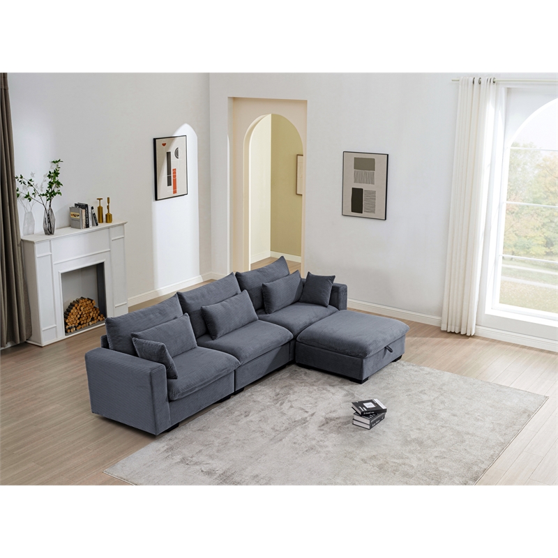 Kass Polyester Corduroy Sectional Sofa With Storage Ottoman Dark Gray