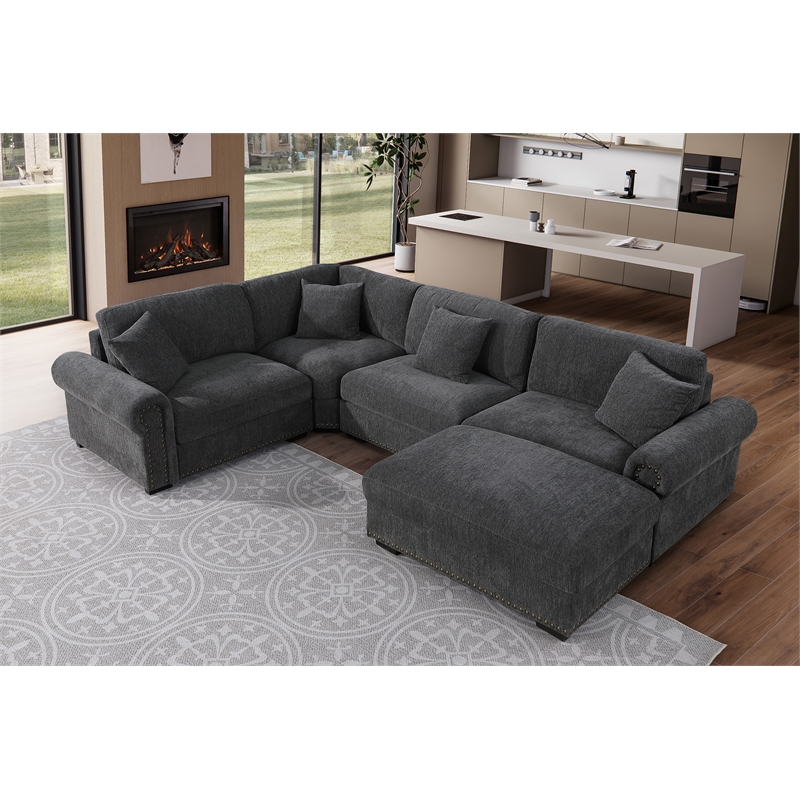 Oliver Polyester Upholstered Large 4 Seats Sectional Sofa with Ottoman Dark Gray
