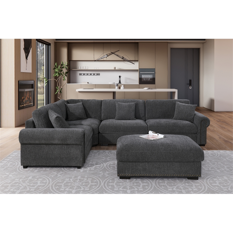 Oliver Polyester Upholstered Large 4 Seats Sectional Sofa with Ottoman Dark Gray