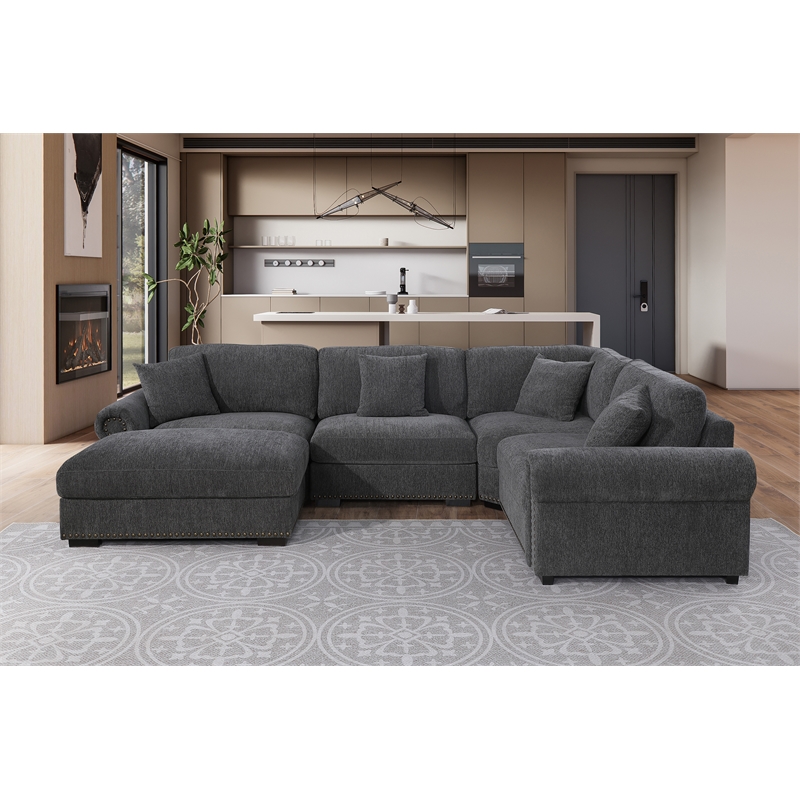 Oliver Polyester Upholstered Large 4 Seats Sectional Sofa with Ottoman Dark Gray