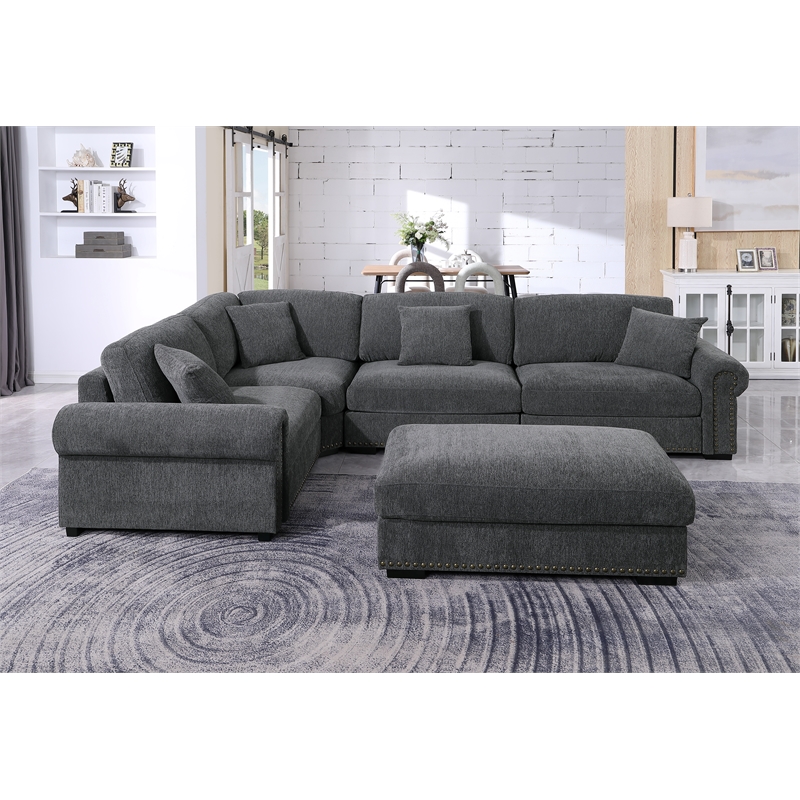 Oliver Polyester Upholstered Large 4 Seats Sectional Sofa with Ottoman Dark Gray