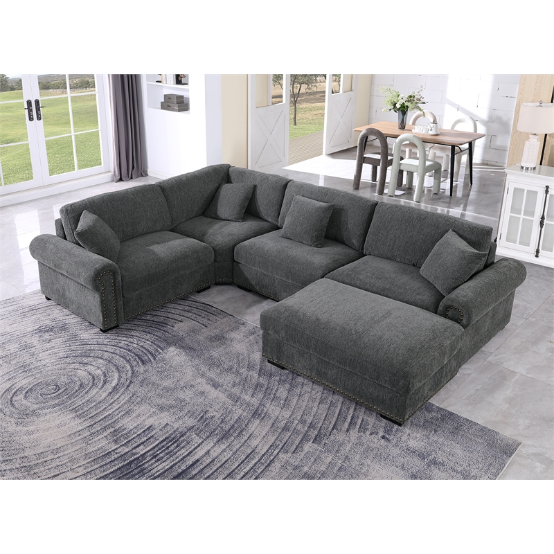 Oliver Polyester Upholstered Large 4 Seats Sectional Sofa with Ottoman Dark Gray