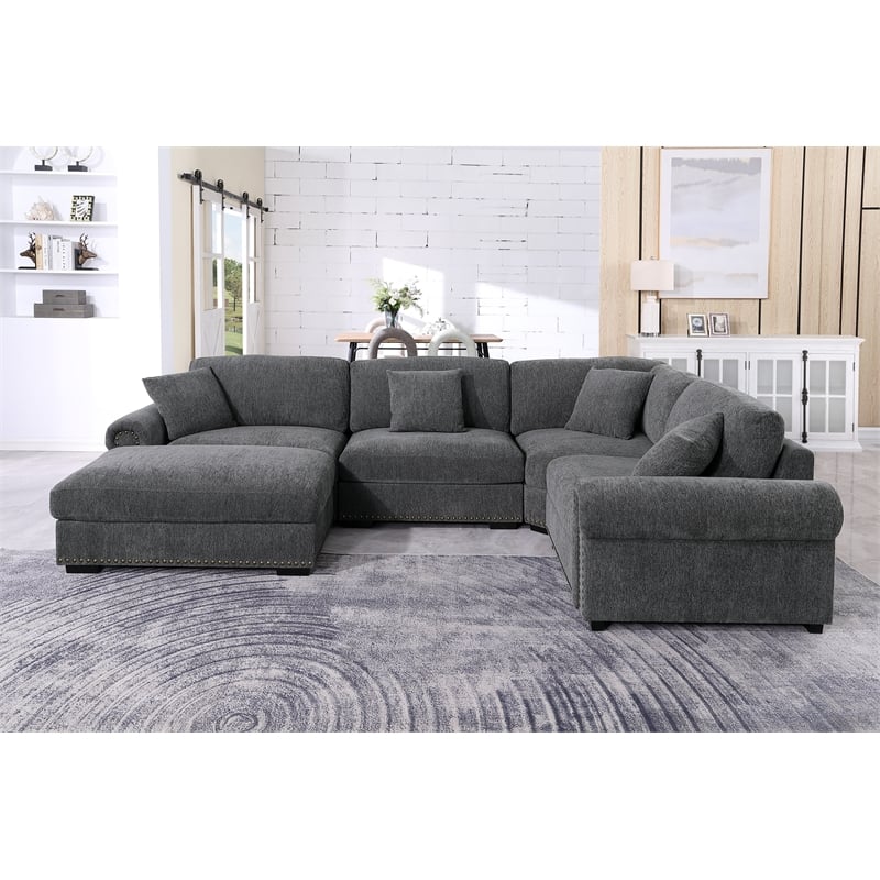 Oliver Polyester Upholstered Large 4 Seats Sectional Sofa with Ottoman Dark Gray