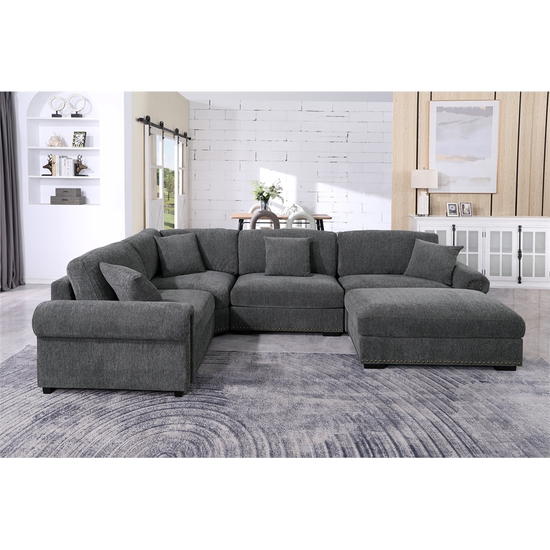 Oliver Polyester Upholstered Large 4 Seats Sectional Sofa with Ottoman Dark Gray