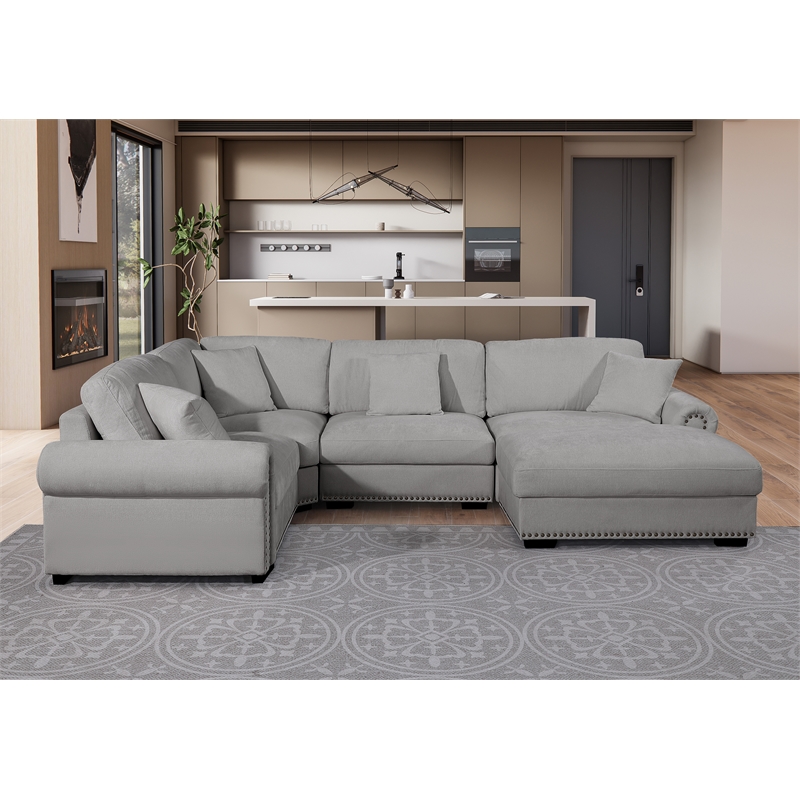 Oliver Polyester Upholstered Large 4-Seat Sectional Sofa with Ottoman Light Gray