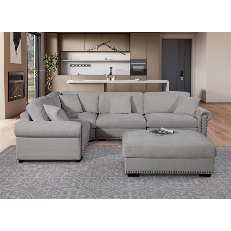 Oliver Polyester Upholstered Large 4-Seat Sectional Sofa with Ottoman Light Gray