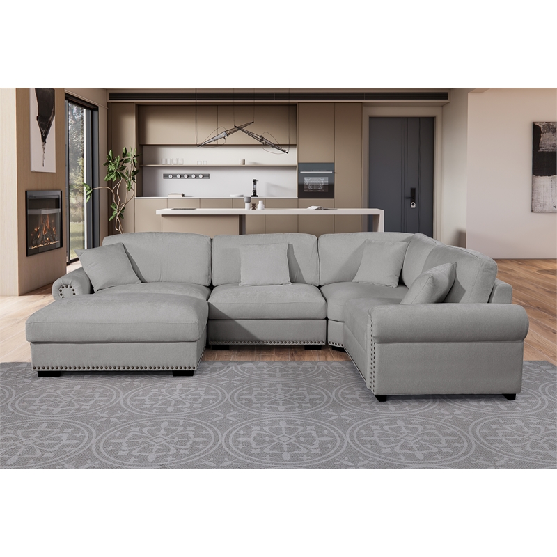 Oliver Polyester Upholstered Large 4-Seat Sectional Sofa with Ottoman Light Gray