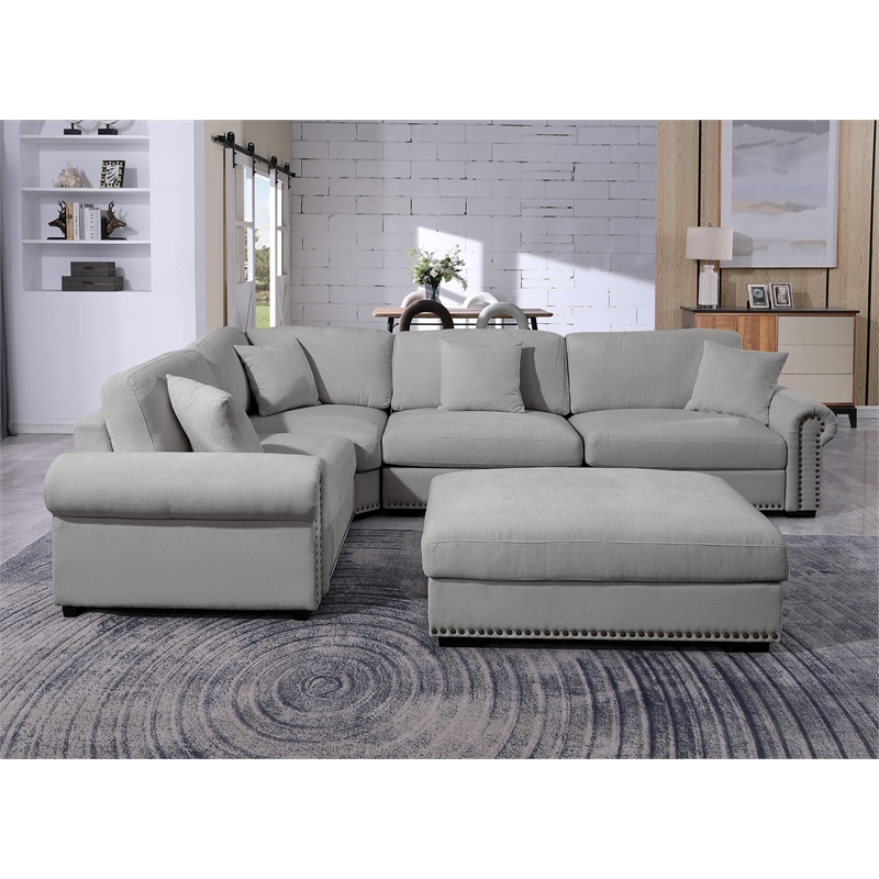 Oliver Polyester Upholstered Large 4-Seat Sectional Sofa with Ottoman Light Gray