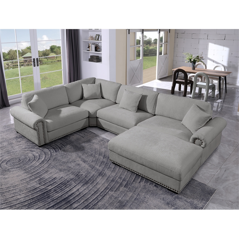 Oliver Polyester Upholstered Large 4-Seat Sectional Sofa with Ottoman Light Gray