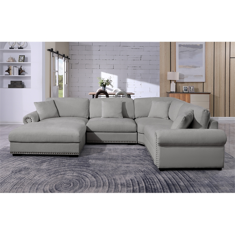 Oliver Polyester Upholstered Large 4-Seat Sectional Sofa with Ottoman Light Gray