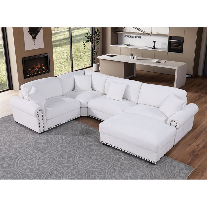 Oliver Polyester Upholstered Large 4 Seats Sectional Sofa with Ottoman White