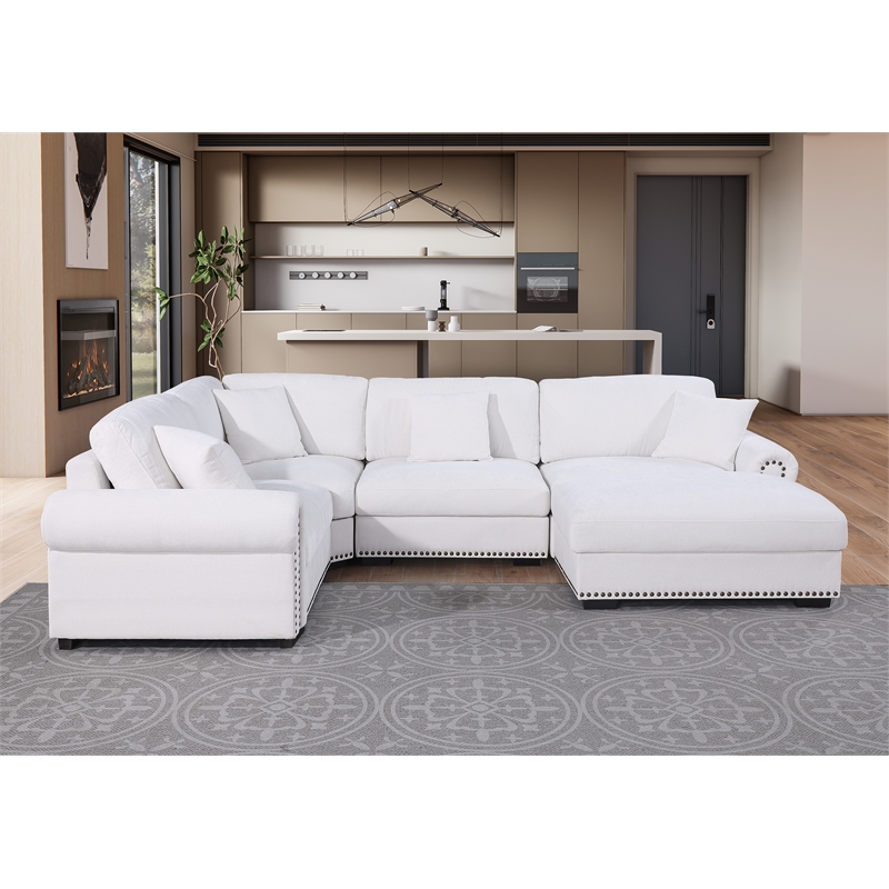 Oliver Polyester Upholstered Large 4 Seats Sectional Sofa with Ottoman White