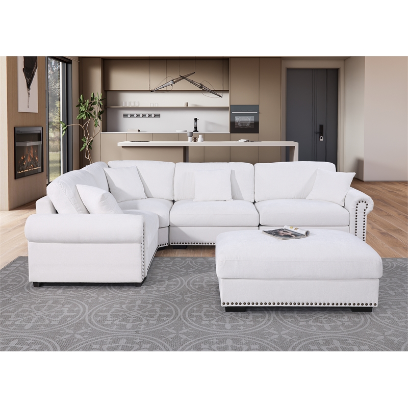 Oliver Polyester Upholstered Large 4 Seats Sectional Sofa with Ottoman White