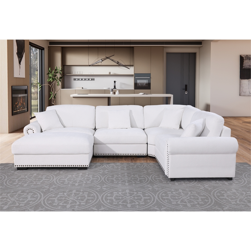 Oliver Polyester Upholstered Large 4 Seats Sectional Sofa with Ottoman White