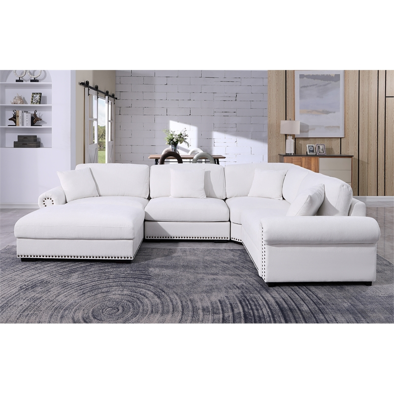Oliver Polyester Upholstered Large 4 Seats Sectional Sofa with Ottoman White