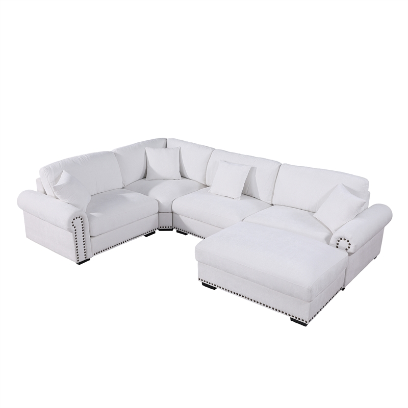 Oliver Polyester Upholstered Large 4 Seats Sectional Sofa with Ottoman White