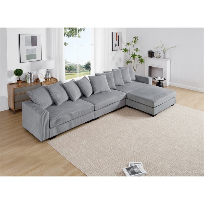Jane Polyester Upholstered Sectional Comfy Sofa With Ottoman Light Gray