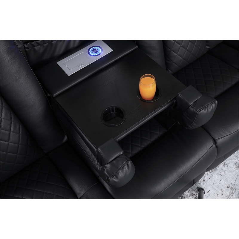 Ollie Faux Leather Electric Recliner W/ Cup Holder & Speaker & USB Charger Black