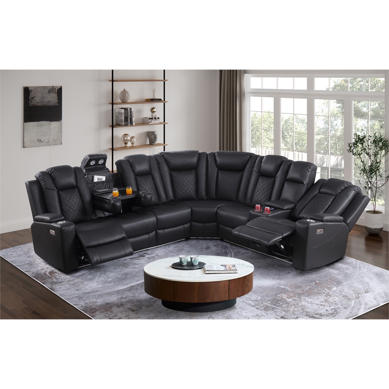 Ollie Faux Leather Electric Recliner W/ Cup Holder & Speaker & USB Charger Black