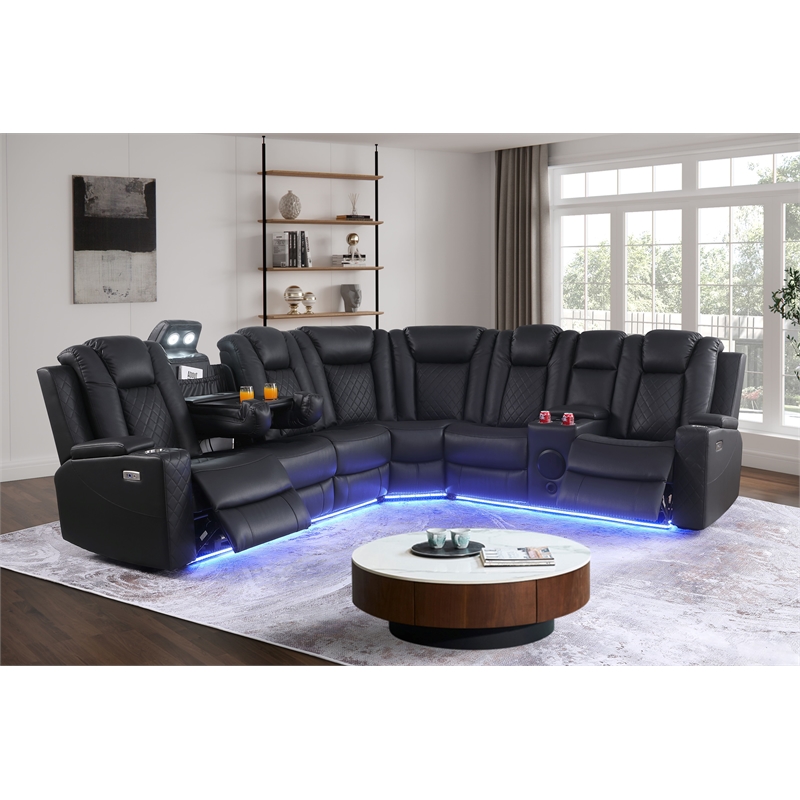 Ollie Faux Leather Electric Recliner W/ Cup Holder & Speaker & USB Charger Black