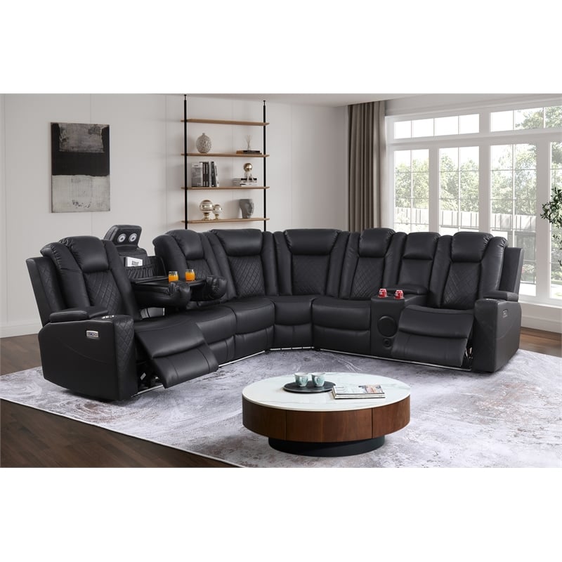 Ollie Faux Leather Electric Recliner W/ Cup Holder & Speaker & USB Charger Black