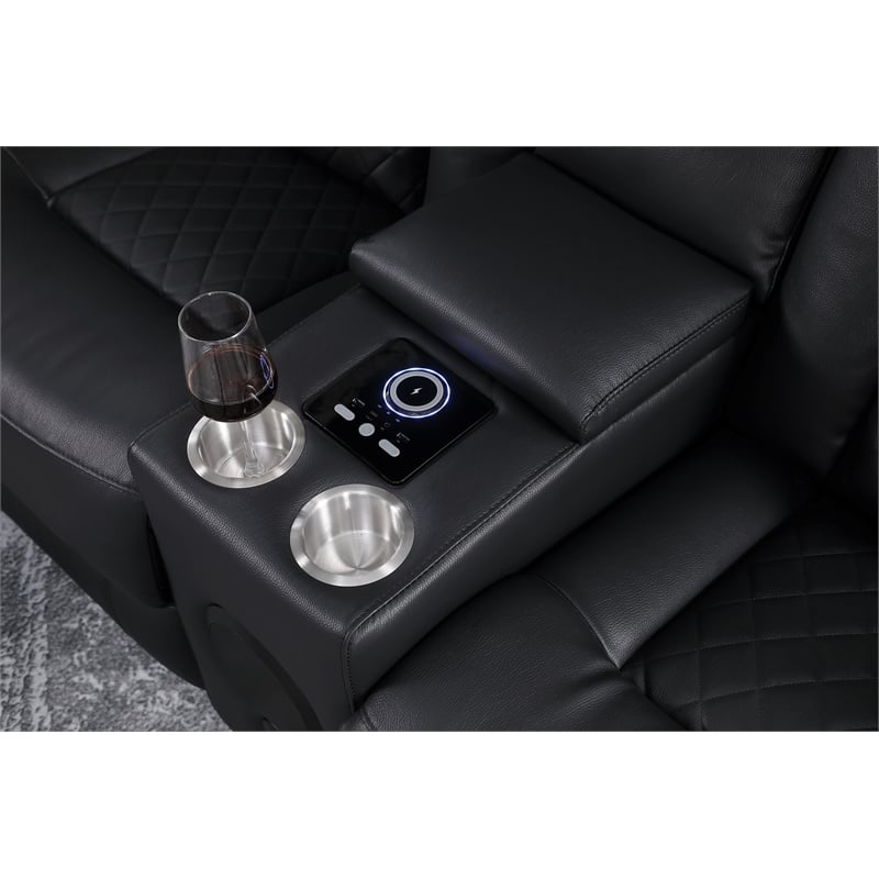 Ollie Faux Leather Electric Recliner W/ Cup Holder & Speaker & USB Charger Black