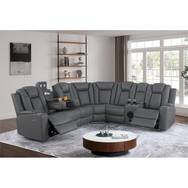 Ollie Faux Leather Electric Recliner W/ Cup Holder & Speaker & USB Charger Gray