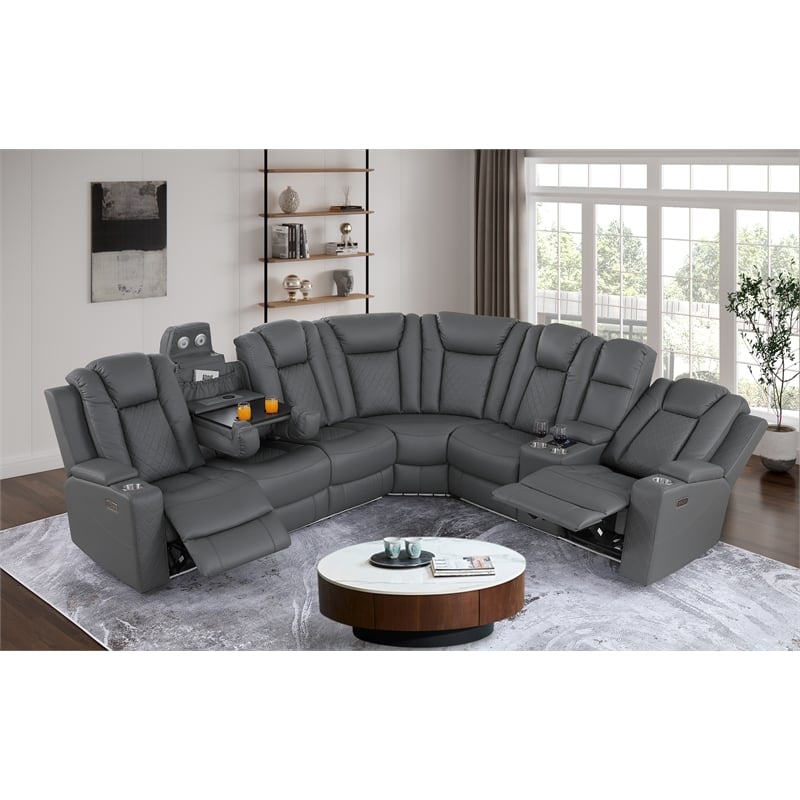Ollie Faux Leather Electric Recliner W/ Cup Holder & Speaker & USB Charger Gray