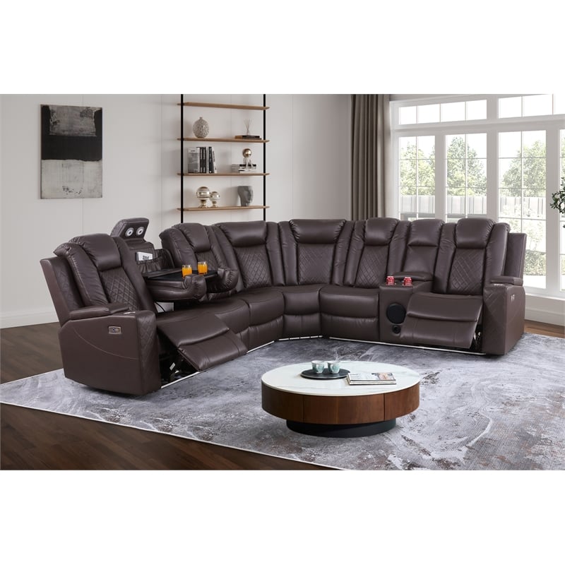 Ollie Faux Leather Electric Recliner W/ Cup Holder & Speaker & USB Charger Brown