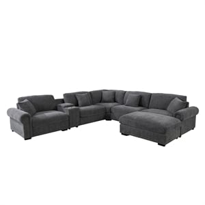 Oliver Polyester Sectional Sofa Couch w/Ottoman & Cup holder & Charger Dark Gray