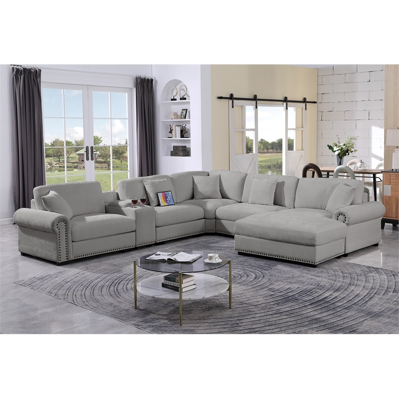 Oliver Polyester Sectional Sofa Couch with Ottoman & Cup holder & Charger Gray