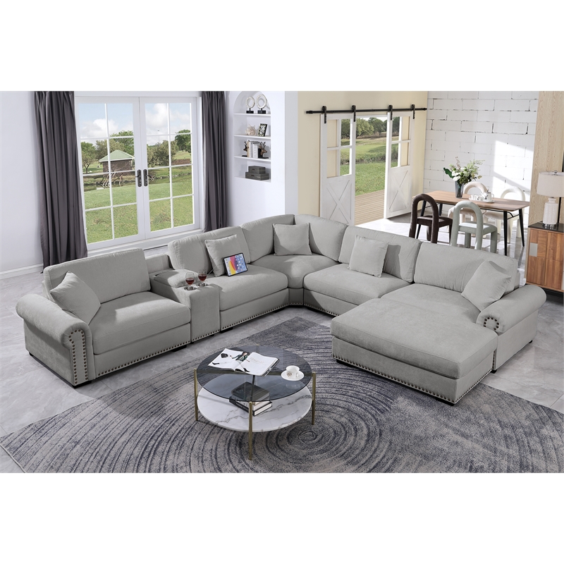 Oliver Polyester Sectional Sofa Couch with Ottoman & Cup holder & Charger Gray