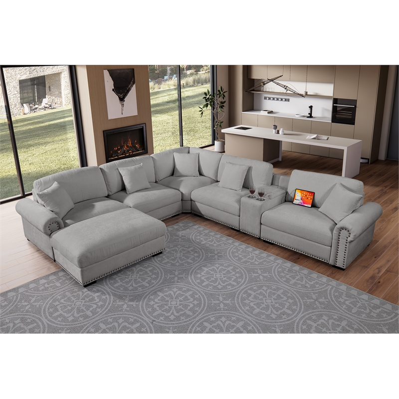 Oliver Polyester Sectional Sofa Couch with Ottoman & Cup holder & Charger Gray