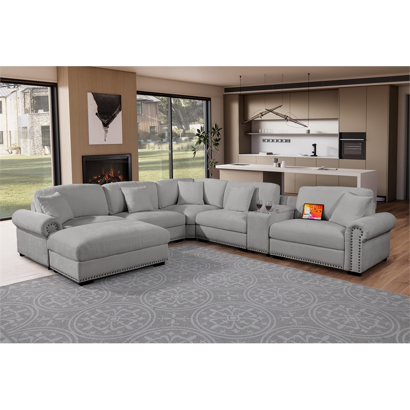 Oliver Polyester Sectional Sofa Couch with Ottoman & Cup holder & Charger Gray